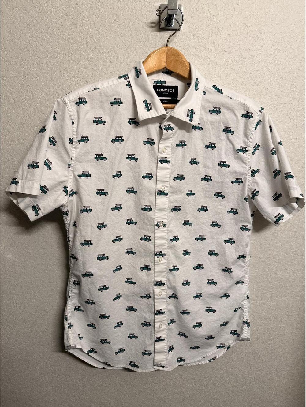 Bonobos Stretch Shirt Mens Medium Slim Fit White Jeep Print Short Sleeve